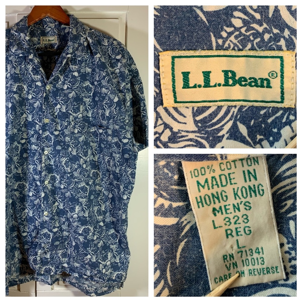 LL Bean Men's Short Sleeve Button Up Camp Shirt Blue Floral Print L VTG Hawaiian